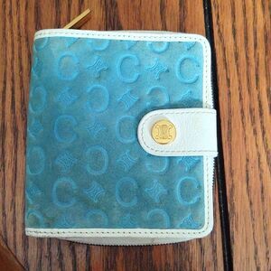 Celine Blue Signature Suede White Leather Wallet Zipper Change Pouch Snap